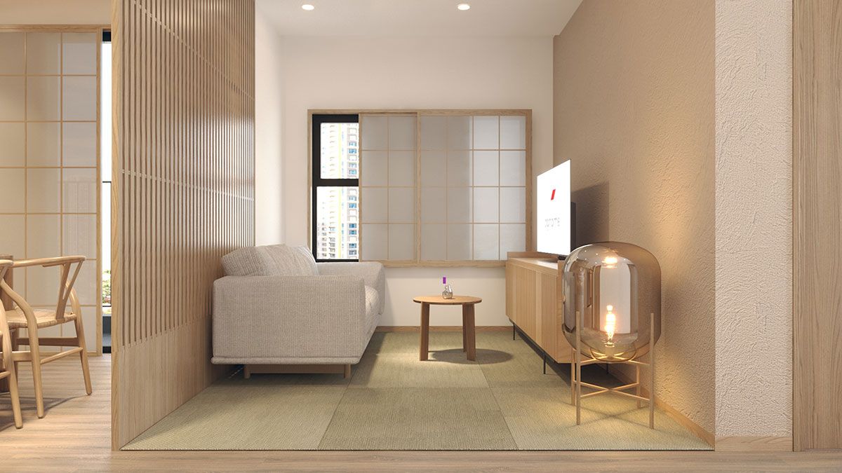 Phòng khách tối giản của căn hộ phong cách Nhật Bản