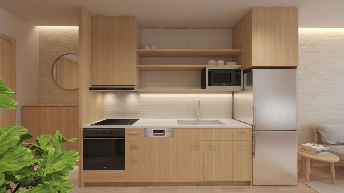 Hệ tủ bếp bằng gỗ tạo cảm giác tươi sáng cho gian bếp