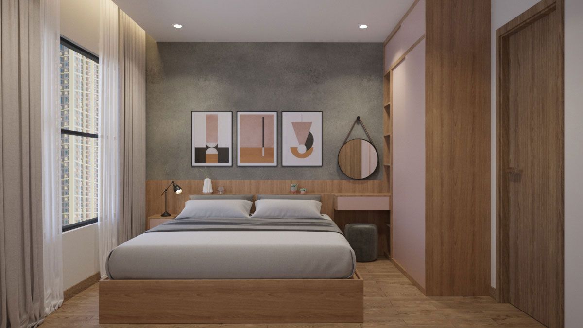 Phòng ngủ lớn  với chất liệu chủ yếu là gỗ