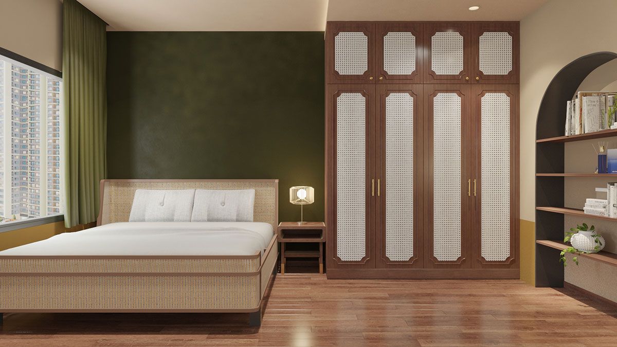 Thiết kế phòng ngủ với sàn gỗ kết hợp đèn vàng ấm áp