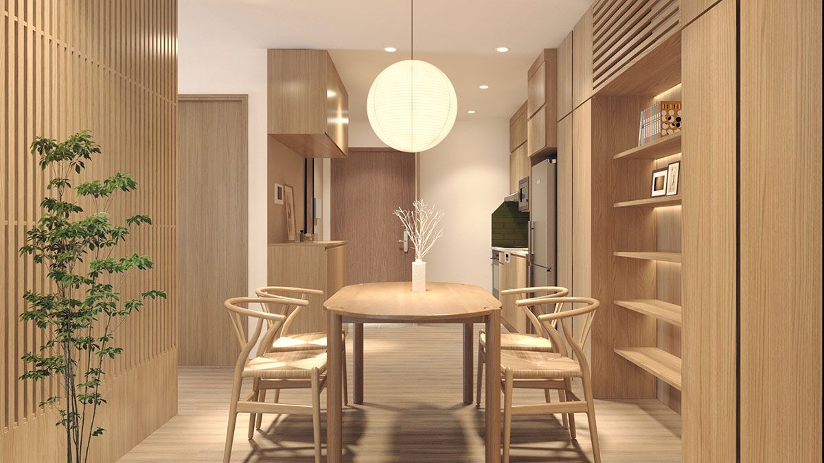 2 tủ gỗ được sắp xếp hợp lý khi bước vào căn chung cư phong cách Nhật Bản