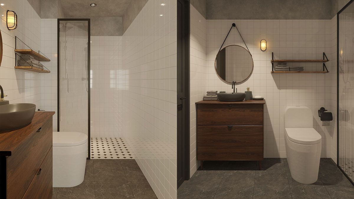 Thiết kế nội thất phòng tắm với gương tròn, kệ tủ gỗ lavabo