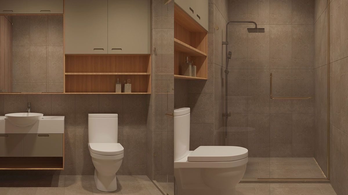 2 nhà vệ sinh với thiết kế đồng nhất trong căn hộ Tokyo
