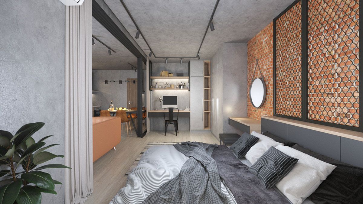 Không gian phòng ngủ và khu vực làm việc trong căn hộ phong cách London