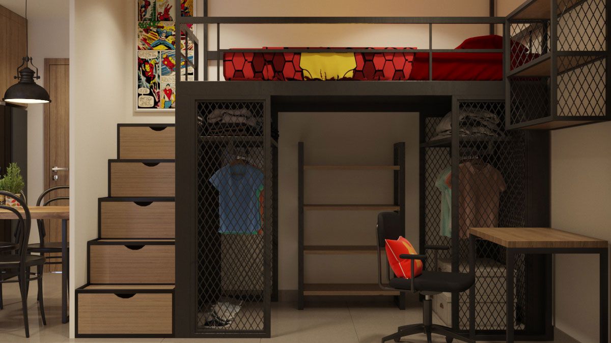 Phòng ngủ cộng kết hợp giường tầng tiết kiệm không gian