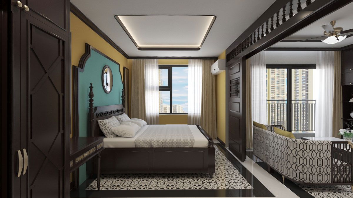 Phòng ngủ phong cách Đông Dương với chất liệu chính là gỗ