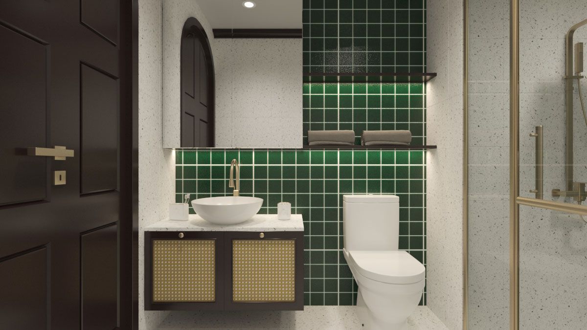 Nhà vệ sinh với màu sắc đặc trưng phong cách Đông Dương