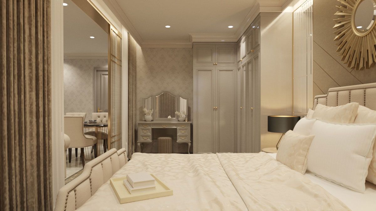 Phòng ngủ sang trọng trong căn hộ chung cư phong cách tân cổ điển